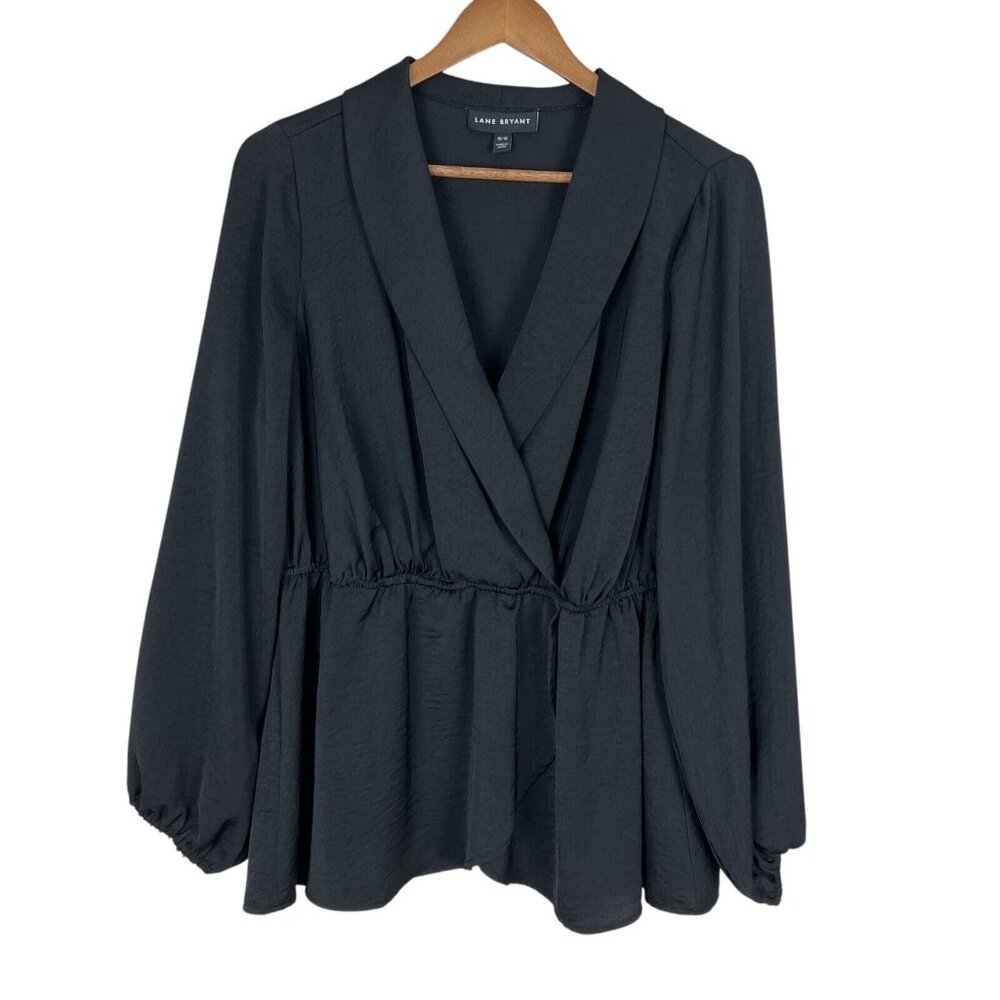𝅺Lane Bryant Blouse Womens 10/12 Black Long Sleeve‎ Faux Wrap V-Neck Top